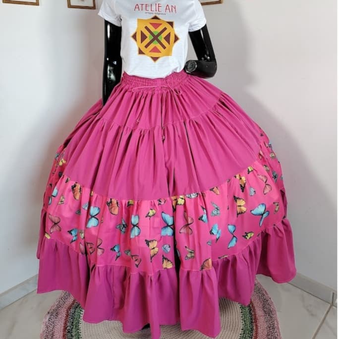Saia BELA Borboletas Rosa Escuro de Santo – Candomblé / Umbanda | 10 Metros de Roda