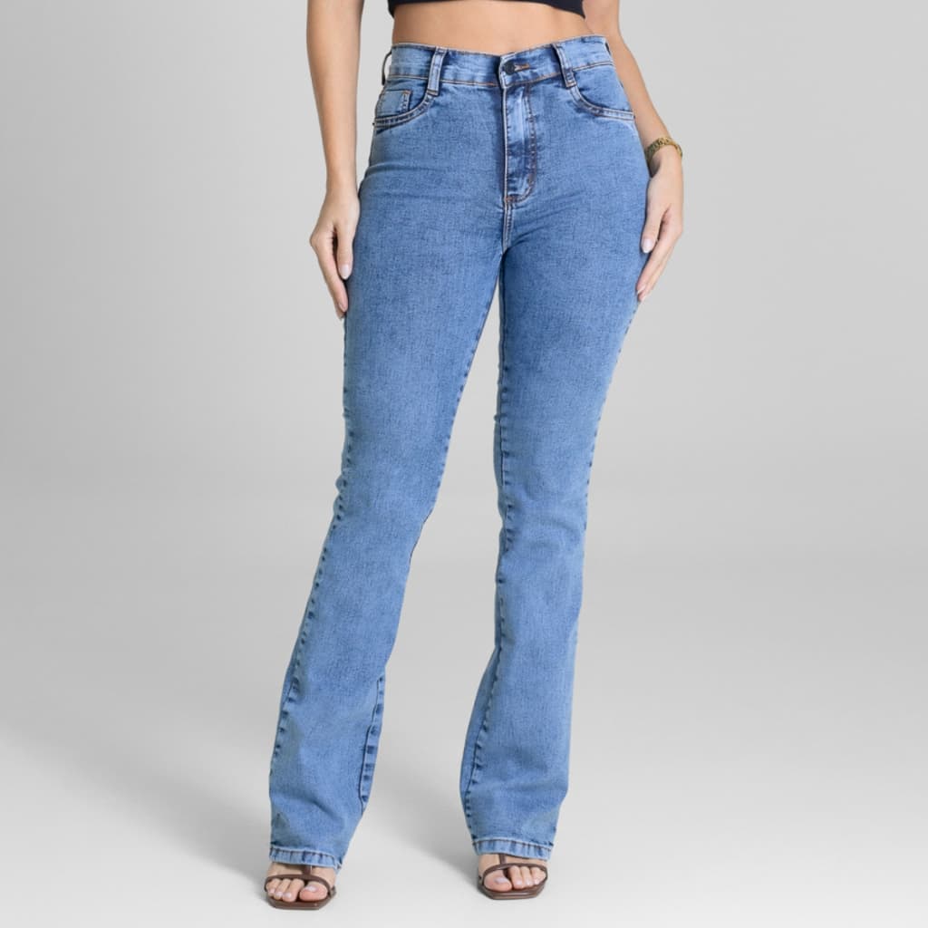 Calça Jeans Feminina Sawary Original Cintura Alta Lycra Elastano Flare Boca Sino Confortável Bonita