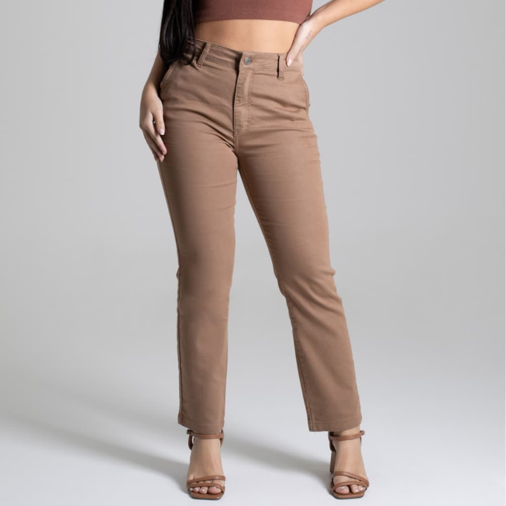 Calça Reta Sawary Feminina Original Cintura Alta Lycra Elastano Bolsos Premium Marrom Confortável