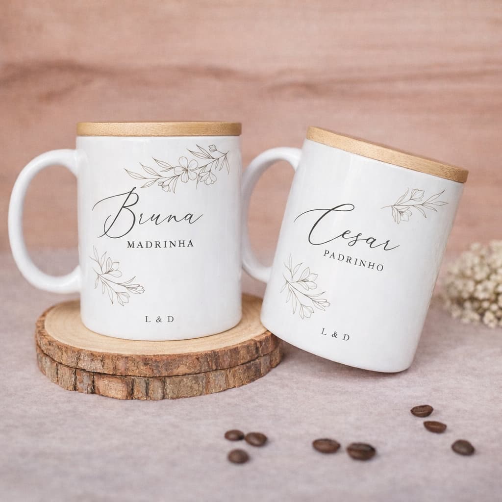 Caneca Personalizada Luxo para Padrinhos Casamento Minimalista com Tampa de Bambu