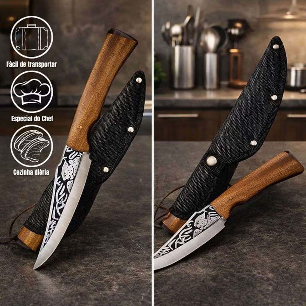 Faca de Churrasco Multiuso, 26cm Fulltang c/ relevo Onça e Pantanal e Cabo Madeira + Bainha Reforçada