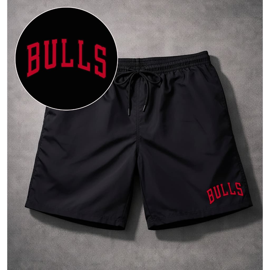 Bermuda Masculina Short Preto Tactel Estampado Bulls Basquete Para Academia Futebol Praia Caminhada