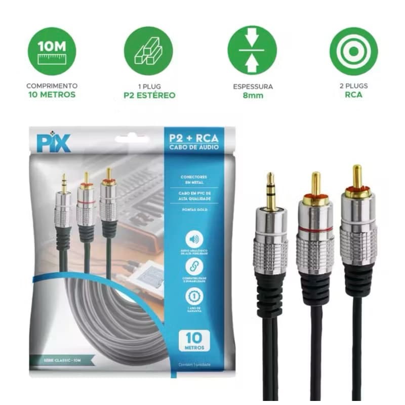 Cabo P2 Estéreo x 2 Rca Plug Metal Níquel Fits