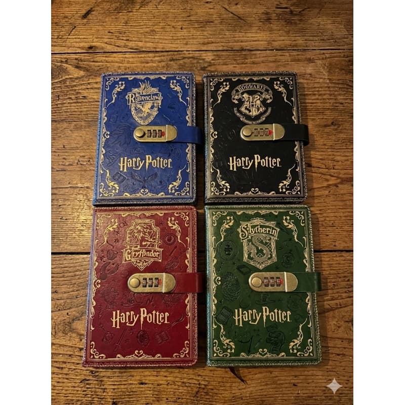 Diário Harry Potter com Senha em Couro 96 Folhas Grifinória Sonserina Corvinal Hogwarts