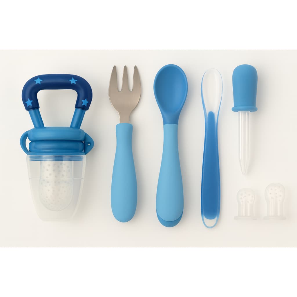 kit chupeta de frutas + garfinho e colher + 3 refil de chupeta + conta gotas