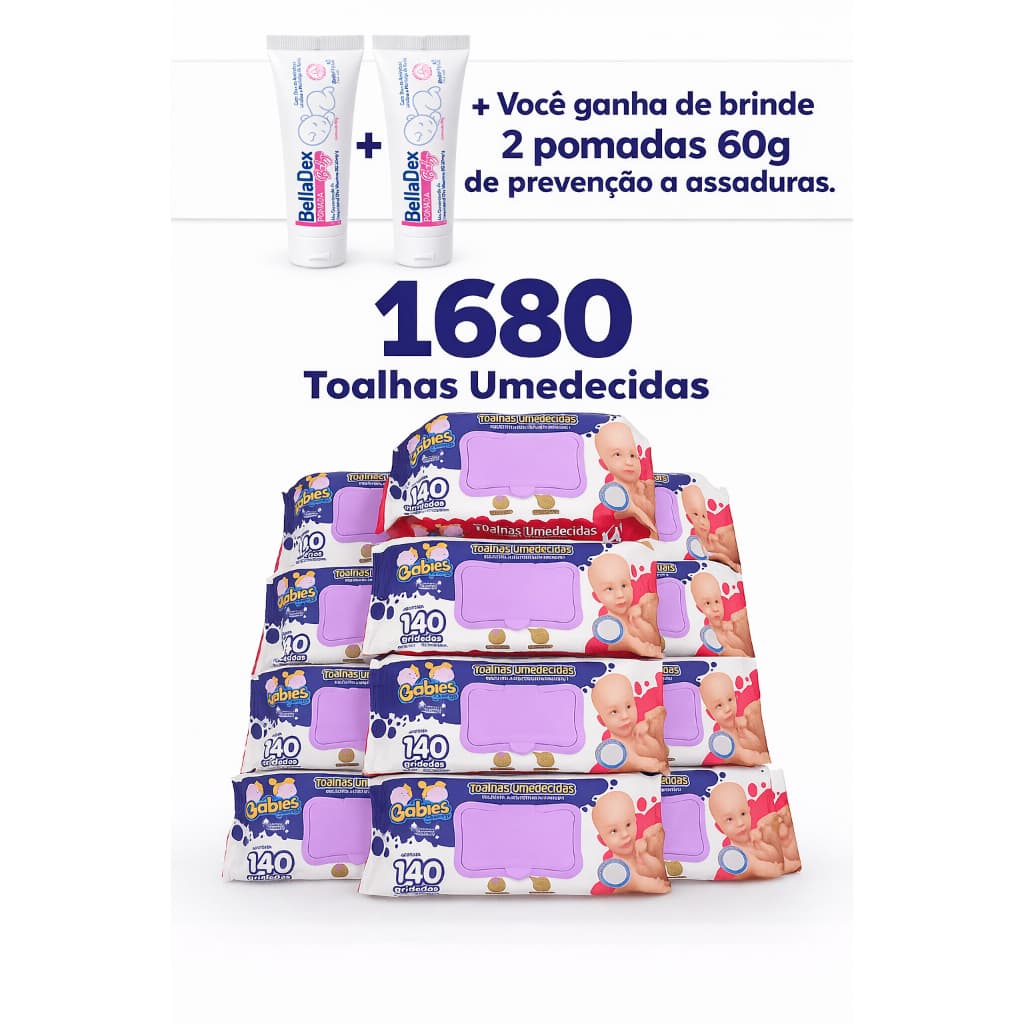 Caixa 1680 Toalhas Lenços Umedecidos 12 Pacotes + Brinde 2 Pomadas Prevenção Assadura 60gr Cada