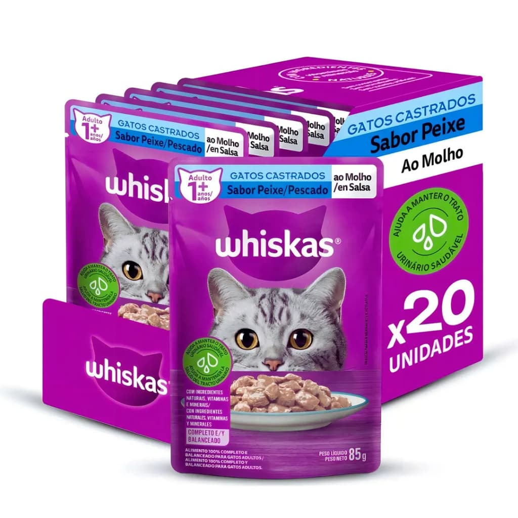 WHISKAS SACHÊ CASTRADOS SABOR PEIXE 85 G KIT 20 UN
