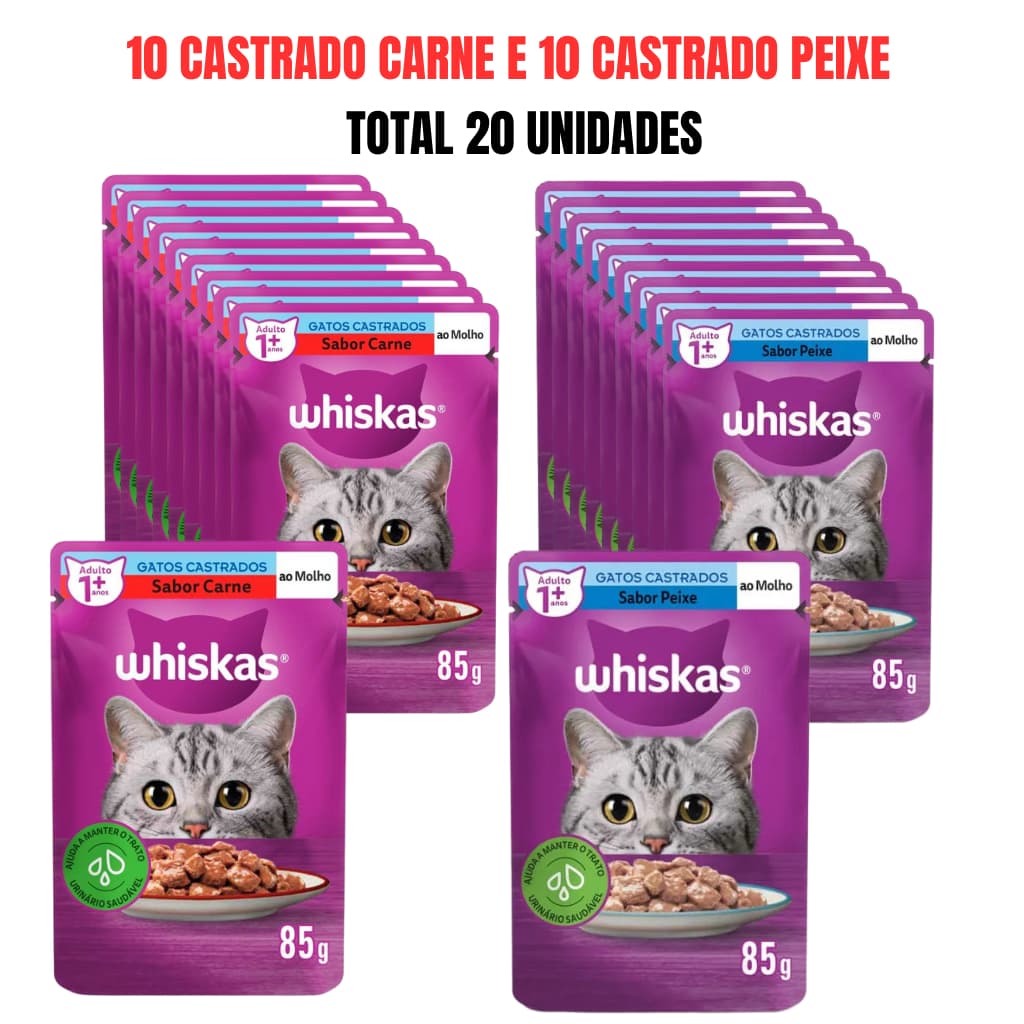 WHISKAS SACHÊS CASTRADO 10 CARNE/10 PEIXE 85G KIT 20 UN