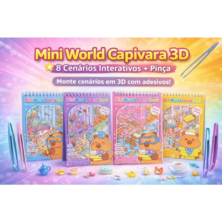 Caderno de Adesivos Capivara 3D Mini World – 8 Cenários + Pinça | Super Divertido
