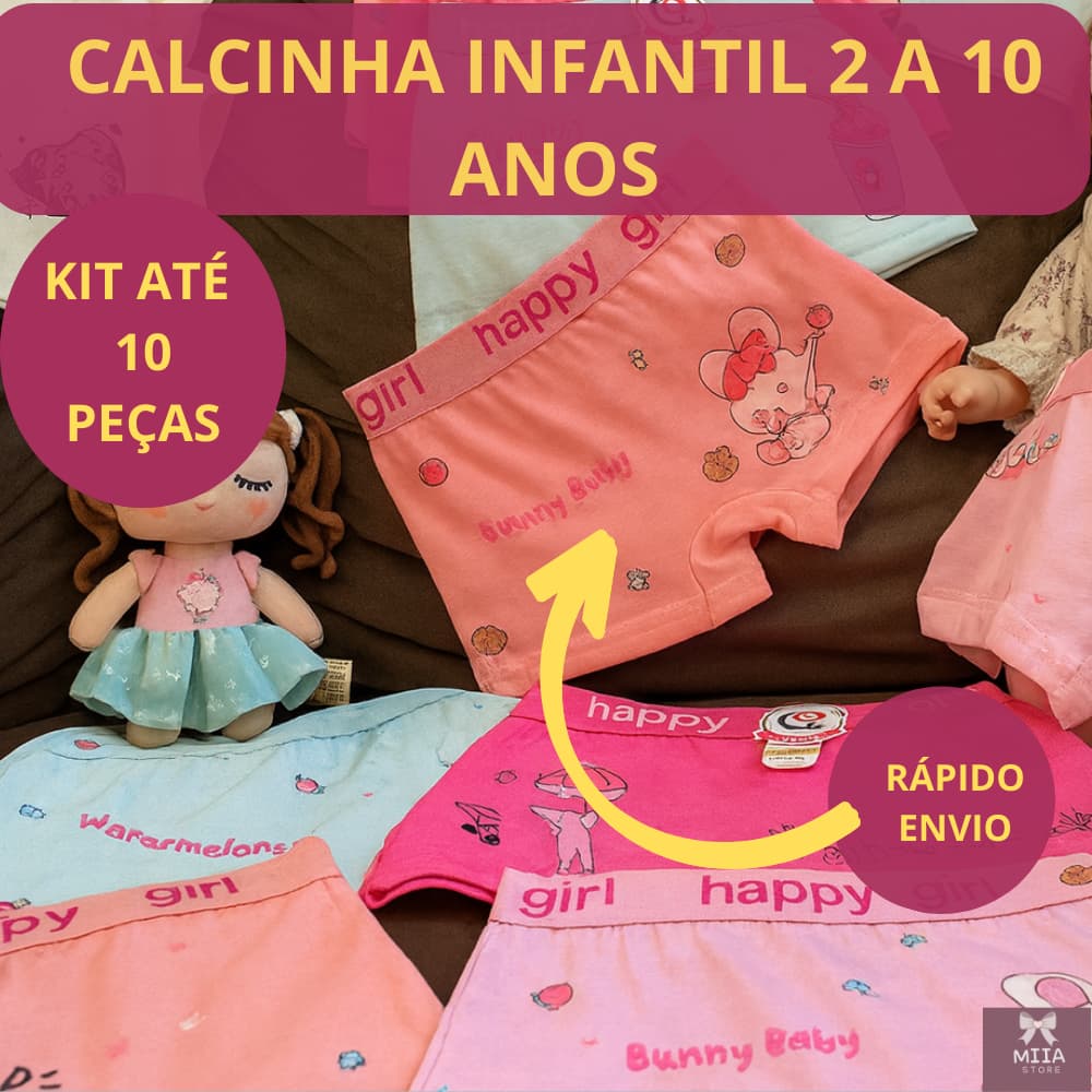 Kit 02/05/08/10 Calcinha Infantil Com ou Sem Algodão Box Boxer Shortinho Menina Estampada Tam 2 a 10