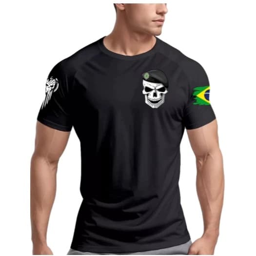 Camiseta masculina estilo tático com caveira e boina militar t-shirt 100% algodão streetwear com bandeira brasileira