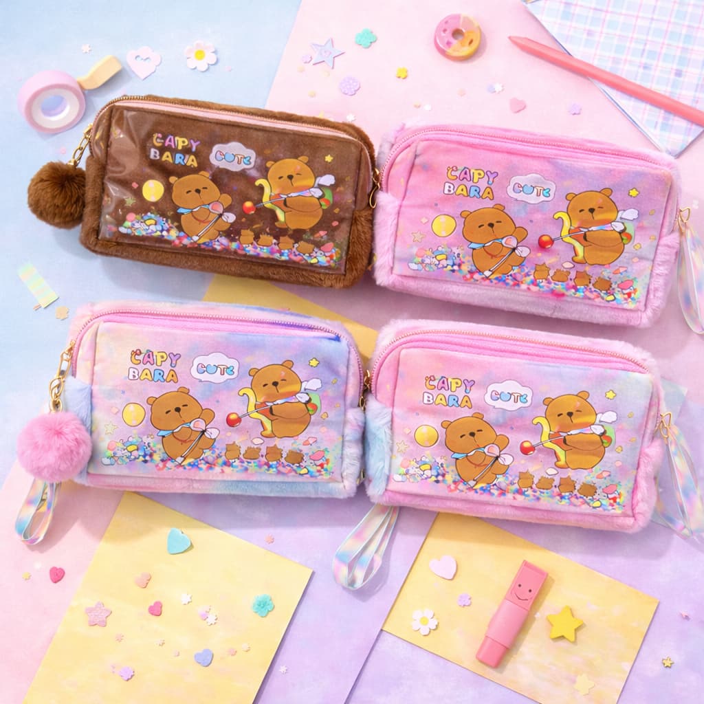 Kit Estojo Fofo Pelúcia Capivarinha Unicornio Baby + 2 Canetas Personalizadas Meninas