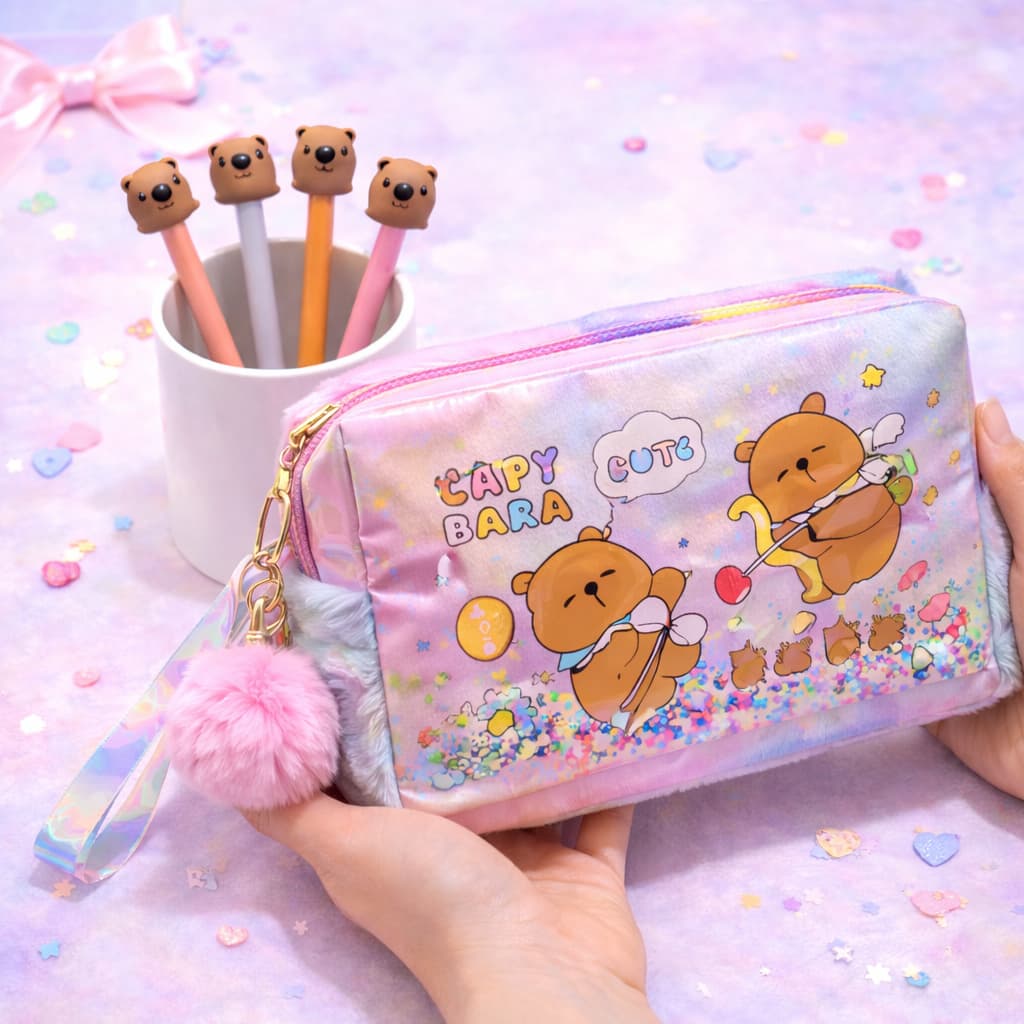 Presente Criativo Kit Capivara Estojo Pelúcia Luxo + Duas Canetas Decoradas