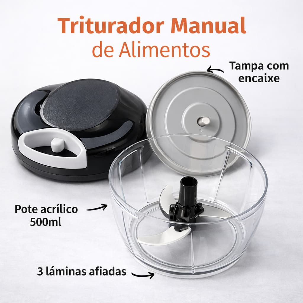 Triturador Manual de Alimentos Processador Alho Legumes Frutas 500ml – 3 Lâminas Portátil