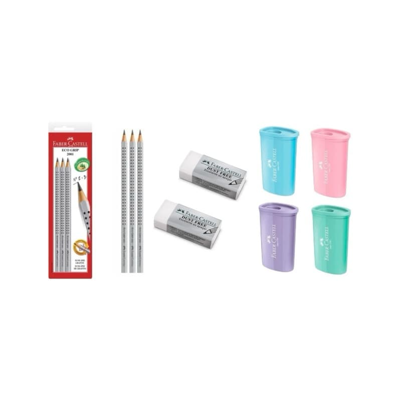 Kit Volta as Aulas Faber Castell 4 Apontador C/ Deposito + 2 Borracha DustFree + 3 Lapis EcoGripe 2B