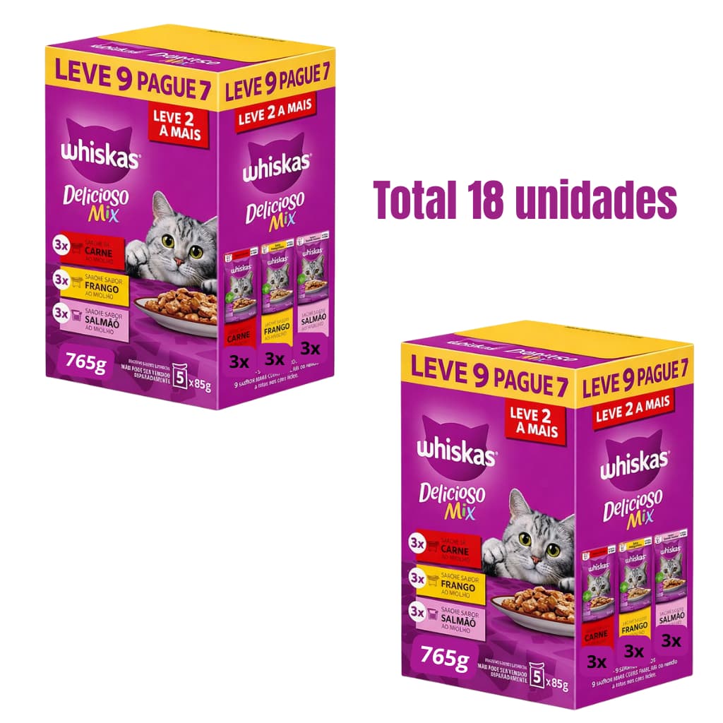 WHISKAS SACHÊS MIX SABORES 06 CARNE, 06 FRANGO E 06 SALMÃO KIT KIT 9 UN E KIT 18 UN