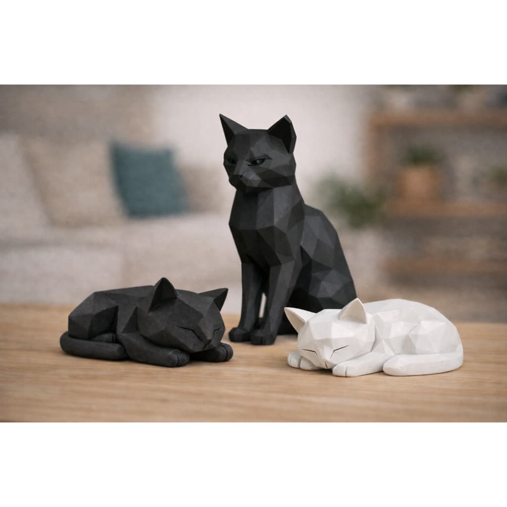 Decoração Gato Moderno – Escultura Gato Adulto com Dois Filhotes