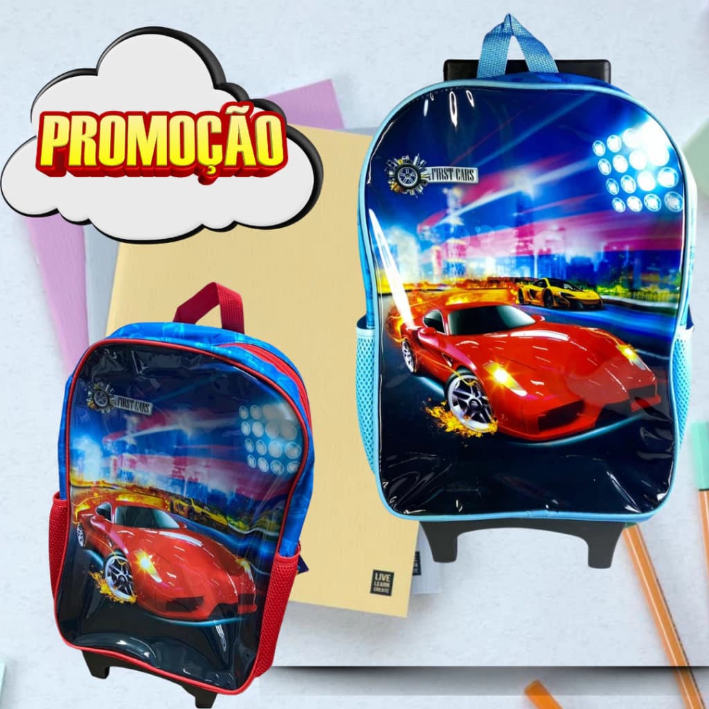 Kit 2 Mochilas Infantil de Costa - Rodinhas Carros Escolar Menino - Creche e Passeio -Resistente- Espaçosa