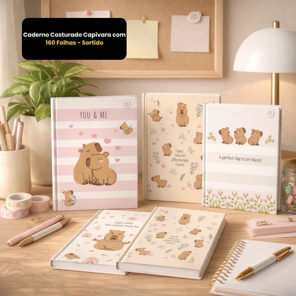 Caderno Costurado Capivara com 160 Folhas Escolar - Sortido