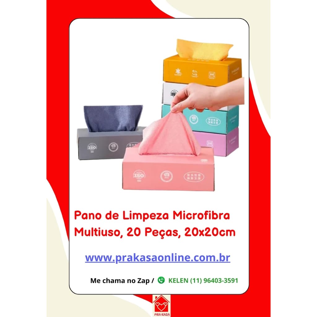 Pano de Limpeza Microfibra Multiuso, 20 Peças, 20x20cm