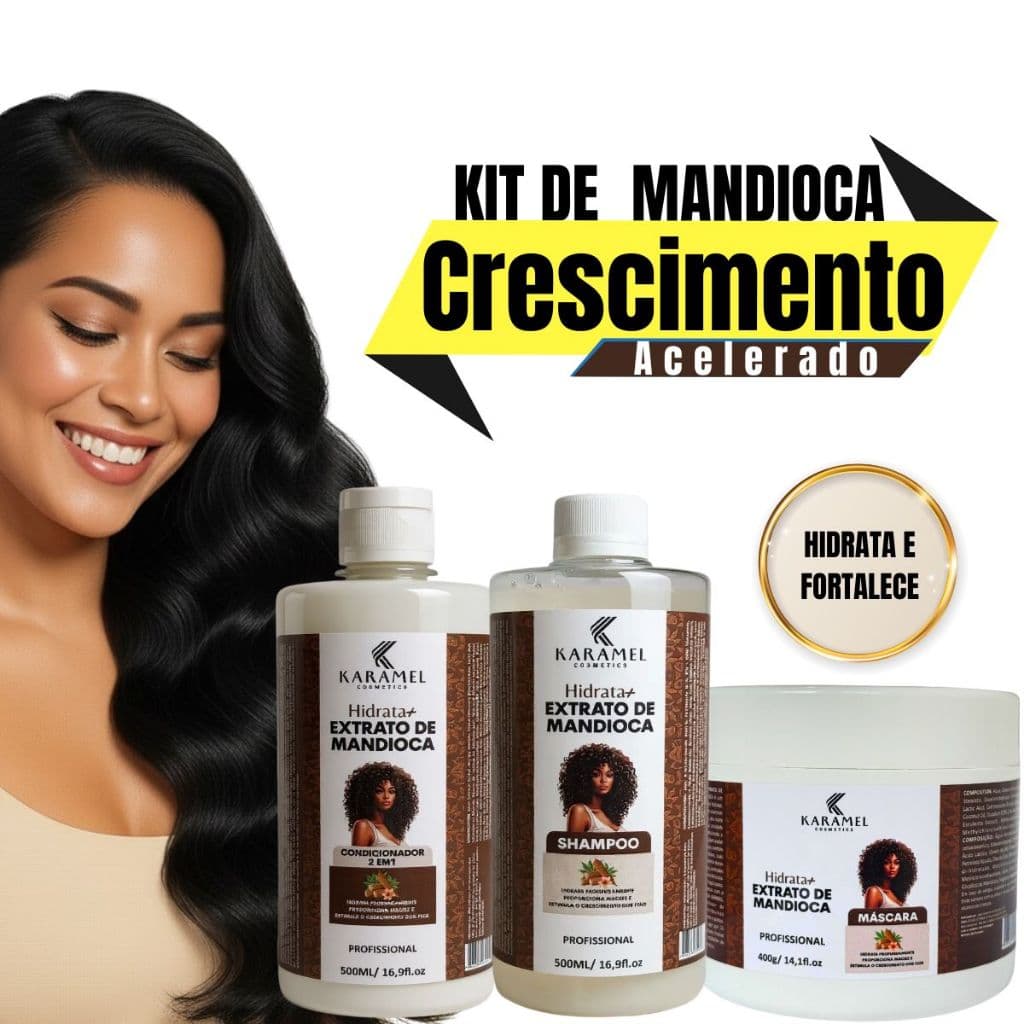 Kit de Hidratação Mandioca Shampoo Condicionador Máscara Anti Queda Brilho Crescimneto Maciez 1,4KG