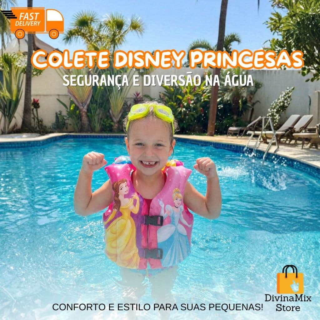 Colete Inflável Princesas Infantil para Flutuação, Segurança na Piscina e Praia, Meninas até 30kg
