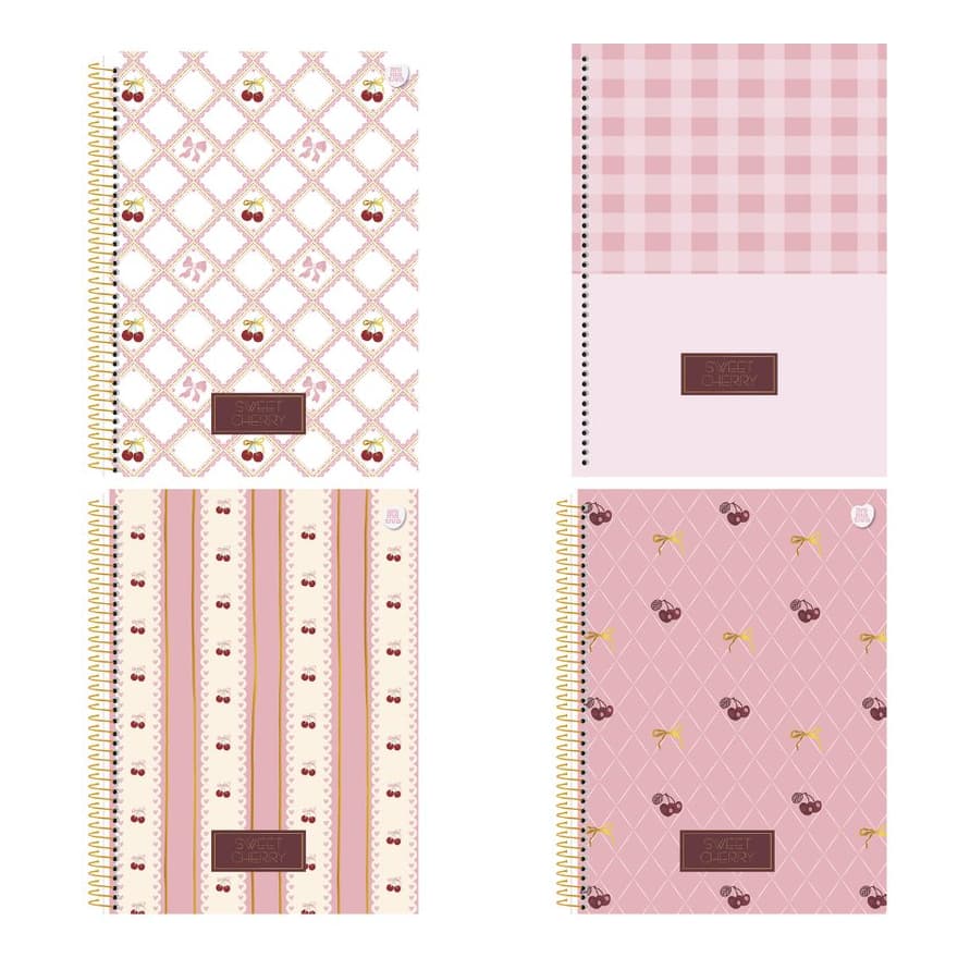 kit Caderno Universitário Sweet Cherry Cereja Capa Dura 1 Matéria 80 Folhas 1, 2 ou 4UND Sortida