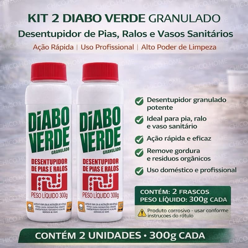 KIT 2 DIABO VERDE GRANULADO DESENTUPIDOR PARA VASO SANITARIO PIA RALO AÇAO RAPIDA 300G