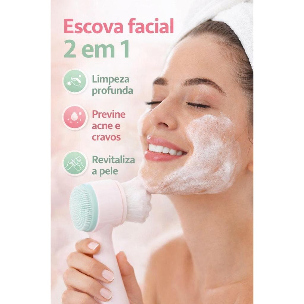 Escova Facial 2 em 1 | Limpeza Profunda + Massagem | Remove Cravos, Oleosidade e Maquiagem