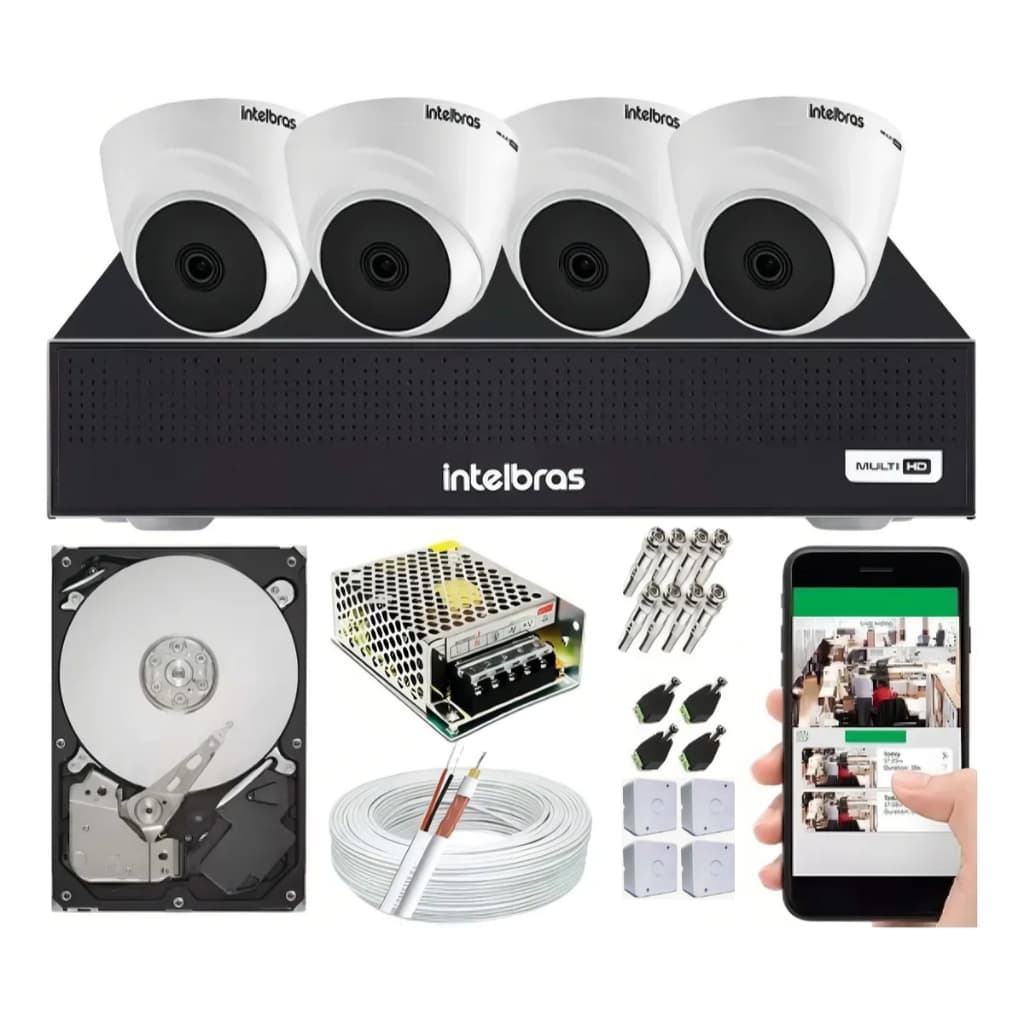 Kit Cftv Intelbras Completo 4 Câmeras Dome 1220d Hd 500gb
