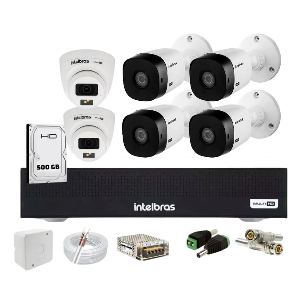 Kit 6 Cameras Intelbras 4 Vhl 1220  e 2 Vhd 3320+ Full Color, Dvr 8 Canais 1108-c Bullet X Dome