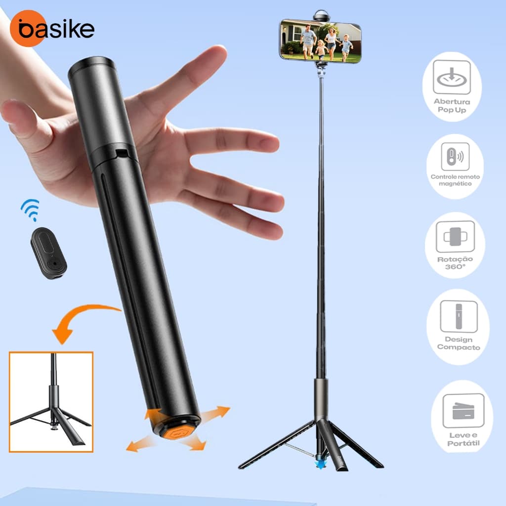 BasikeTripé Selfie com Abre Automático Controle Bluetooth Suporte Celular Portátil, Giratório 360° e Ocultável Viagens
