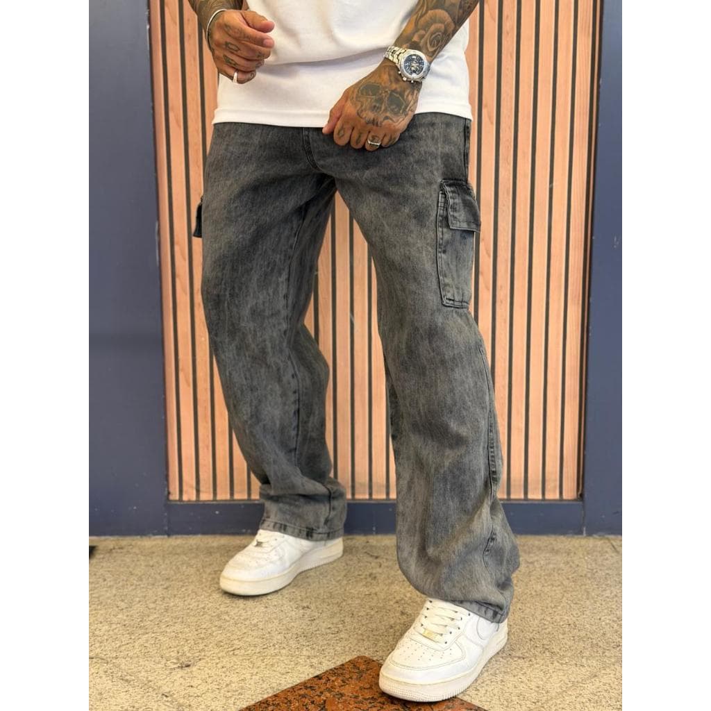 Calça Jeans Cargo Masculina Streetwear Preta Mescla Cinza Grafite