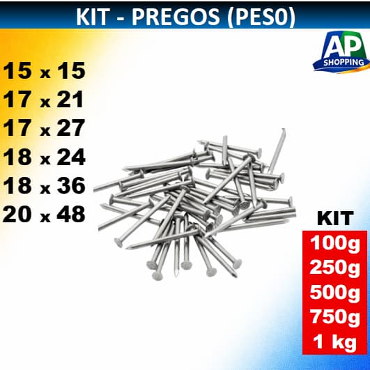 Prego com Cabeça, Aço, Kit com 100g / 200g / 500g / 750g / 1 kg