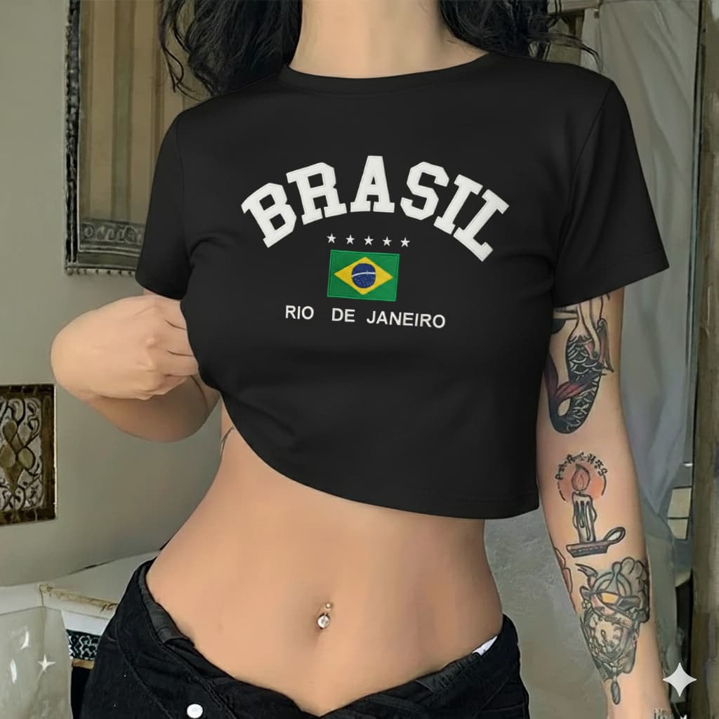 Cropped Slim Brasil Feminino Rio de Janeiro Copa do Mundo 100% Algodão