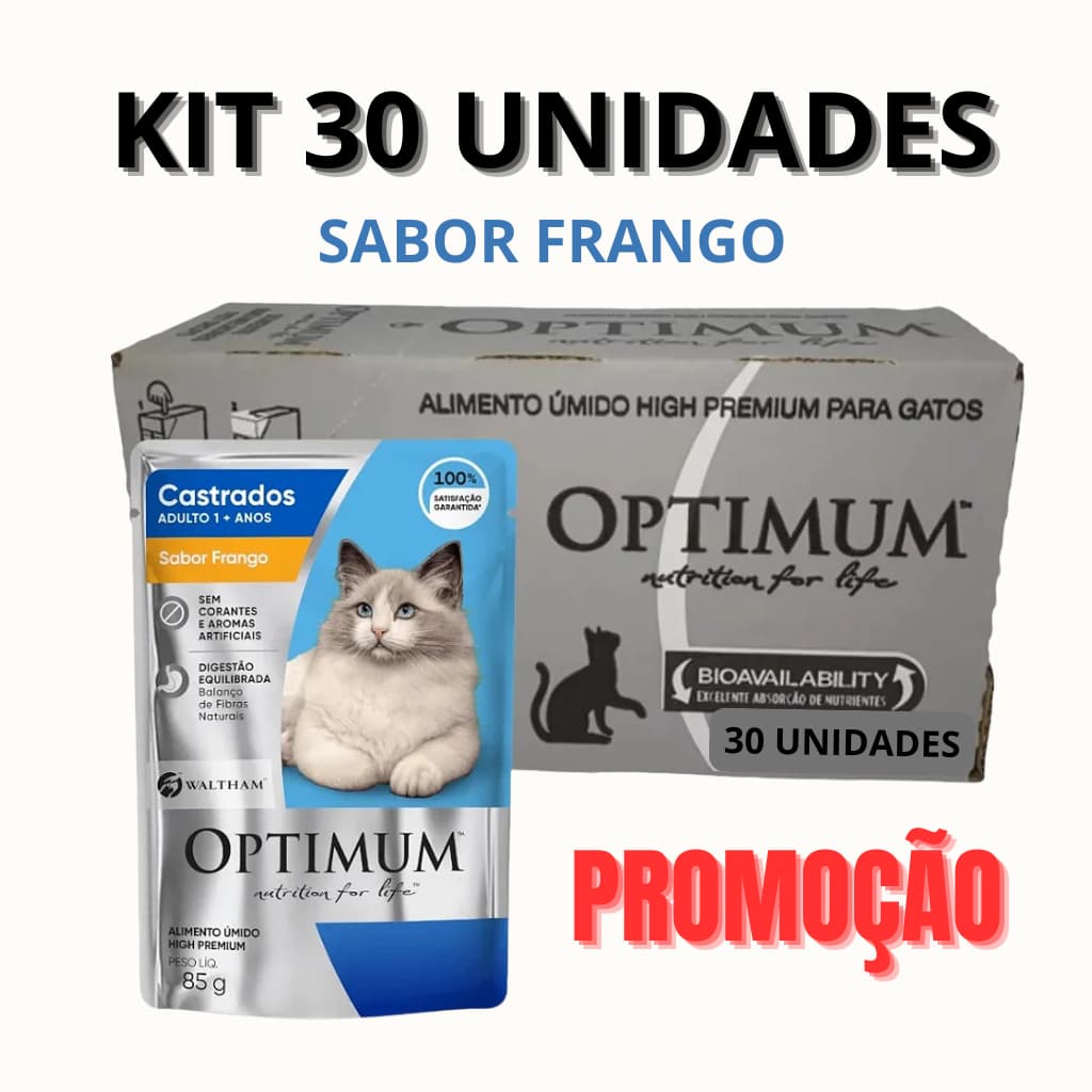 OPTIMUM SACHÊ GATOS CASTRADOS 85G SABOR FRANGO(NOVA EMBALAGEM) PROMOÇÃO KIT 30 UN
