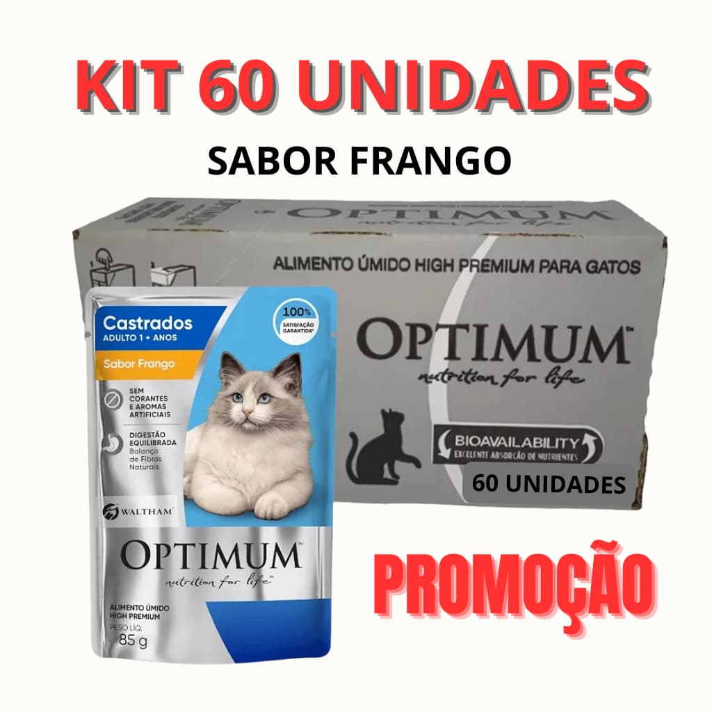 OPTIMUM SACHÊ GATO SABOR FRANGO CASTRADOS 85G PROMOÇÃO KIT 60 UN