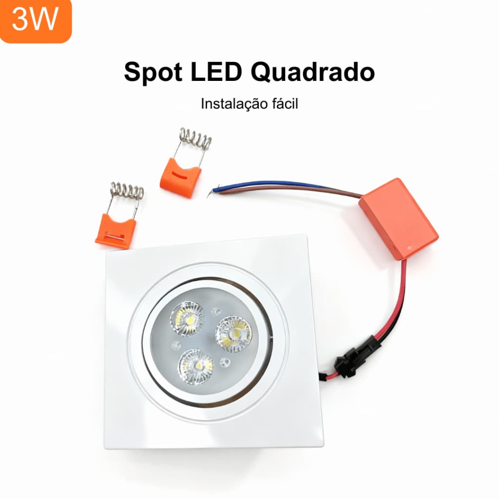 Kit 5/10 Spot LED Quadrado 3W Embutir para Teto Gesso Furo 75mm Instalação Fácil Branco