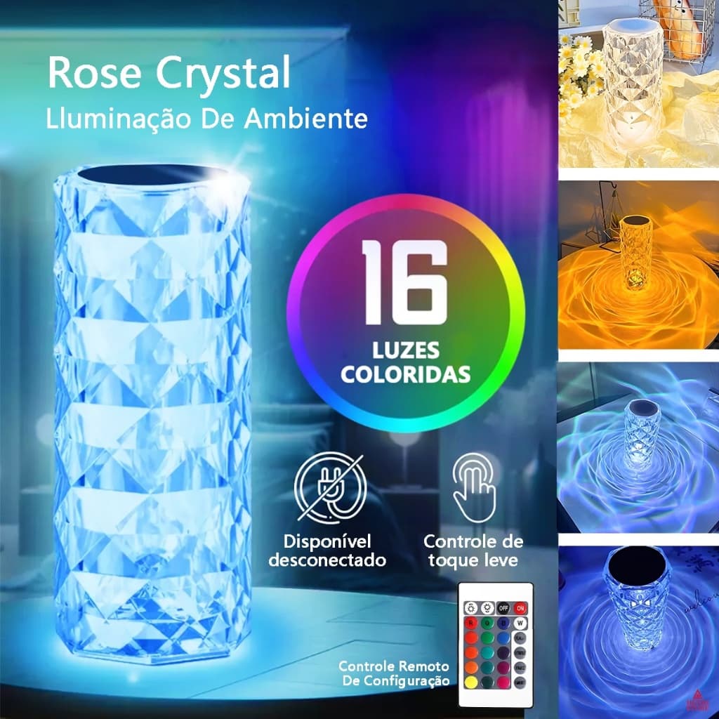 Luminária De Mesa De Cristal 16 Cores Estampa De Rosas Projetora De LED Controle Remoto TD130