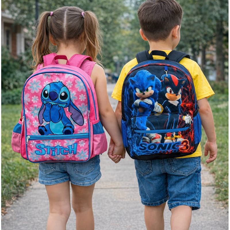 Mochila Escolar Infantil Costas Personagens Sonic Naruto Stitch