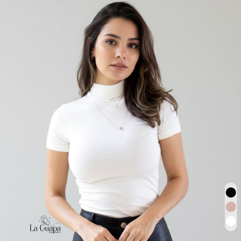 Blusa Feminina Tecido Canelado Gola Alta Manga Curta Tendência Blusinha Básica