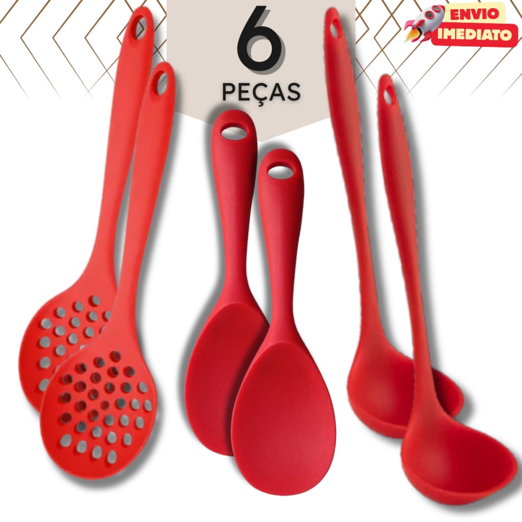 Kit com 3 ou 6 Utensílios de Cozinha Silicone – Colher, Concha e Escumadeira