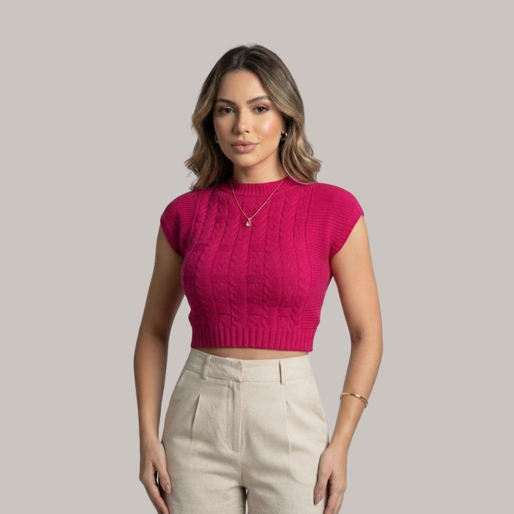 Blusa Feminina Cropped Tricot Canelado com Tranças Moda Casual Verão Casual Leve