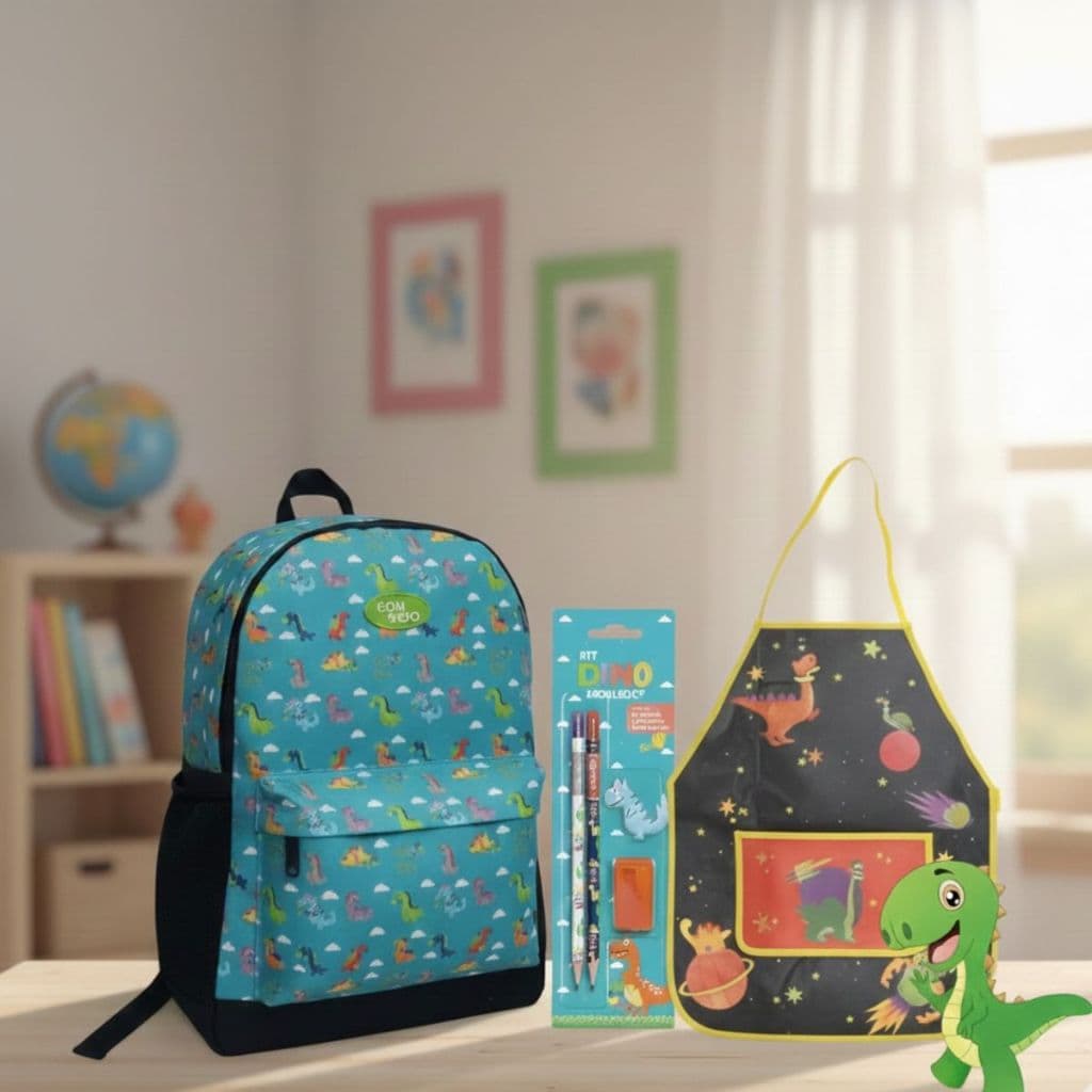 Mochila e Lancheira Escolar Menino Infantil Dinossauro Game Avental Lápis volta as aulas