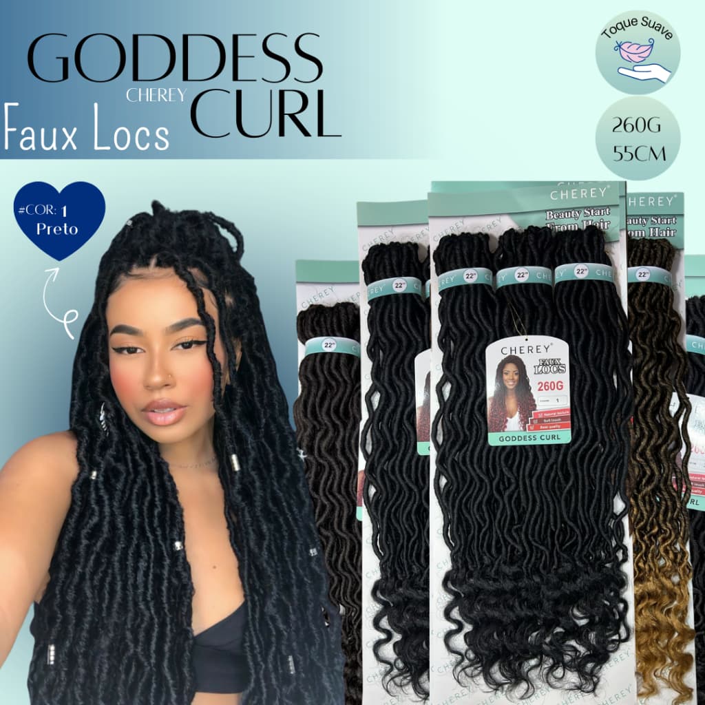 Goddess Curl Locs Cherey 55cm – Tranças Faux Locs com Cachos nas Pontas 260g