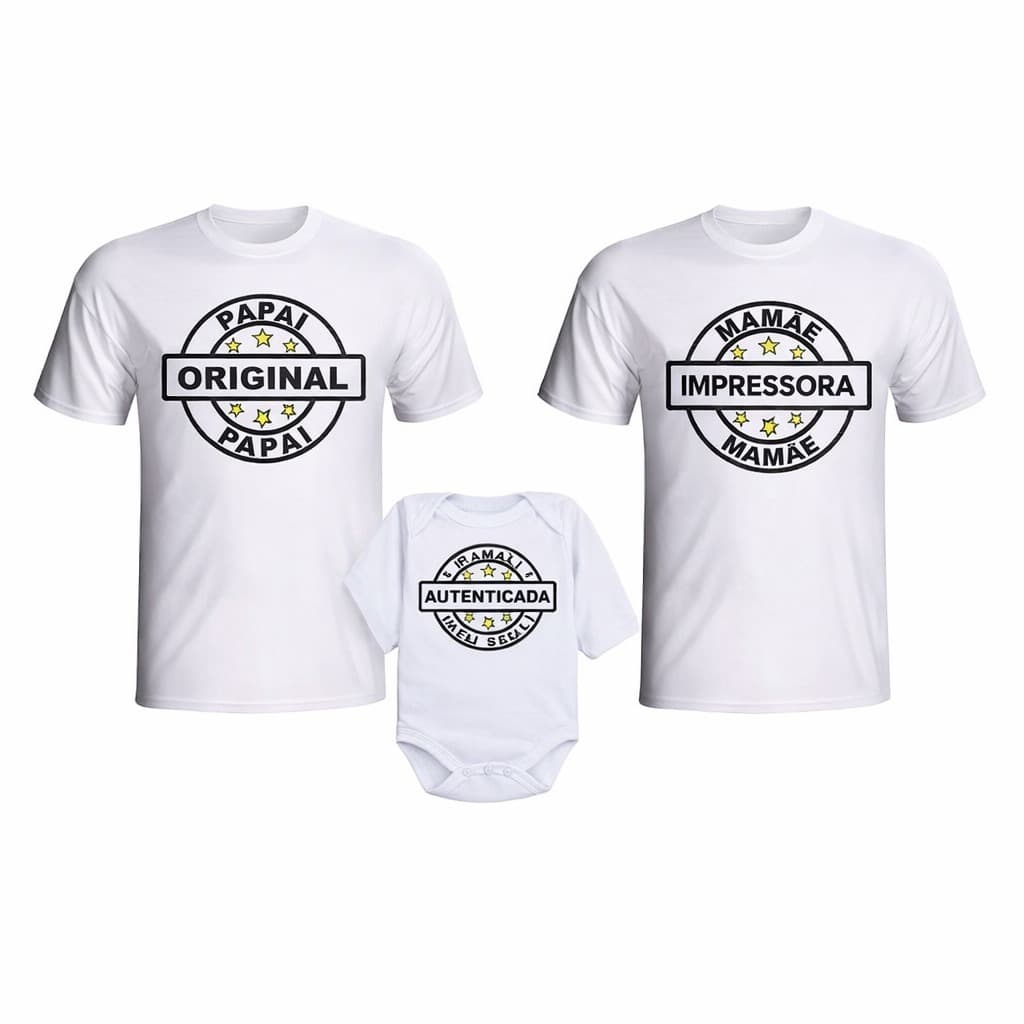 Kit Camiseta Mamãe Papai Filho Copia Autenticada 2 Camiseta E 1 Body