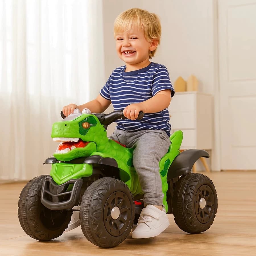 Carrinho Elétrico Quadriciclo Infantil Dinossauro Farol de Led Bluetooth Unitoys Verde Bate 50 Min Moto Passeio Andador
