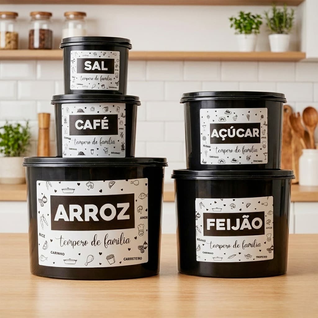 Kit 5 Potes de Mantimentos Plástico Decorado Porta Mantimentos Pote Cozinha