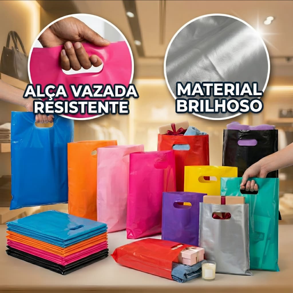 Kit Sacola Plástica Para Loja Boca de Palhaço Alça Vazada Sortidas Atacado Varejo - Meio Kilo