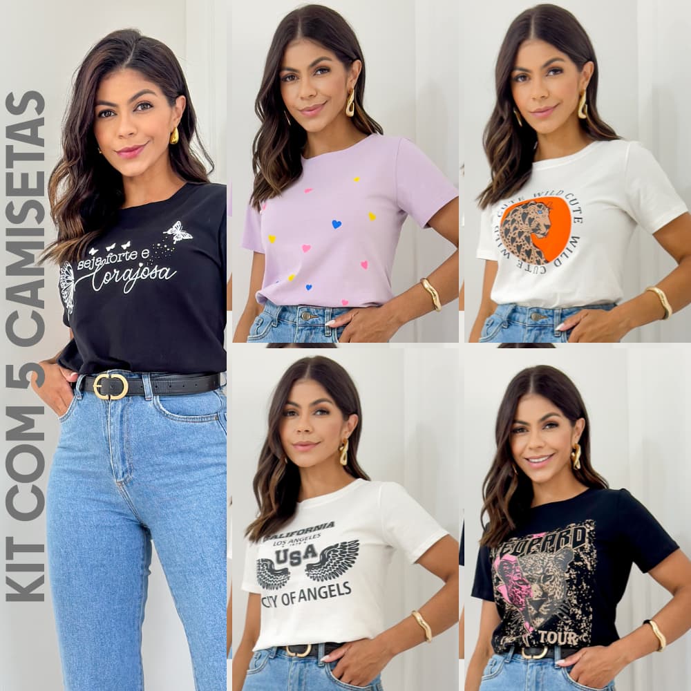 Kit com 05 T-Shirt  Blusa Feminina Camiseta 100% Algodão Melhores Estampas Moda Verão Businha Premium